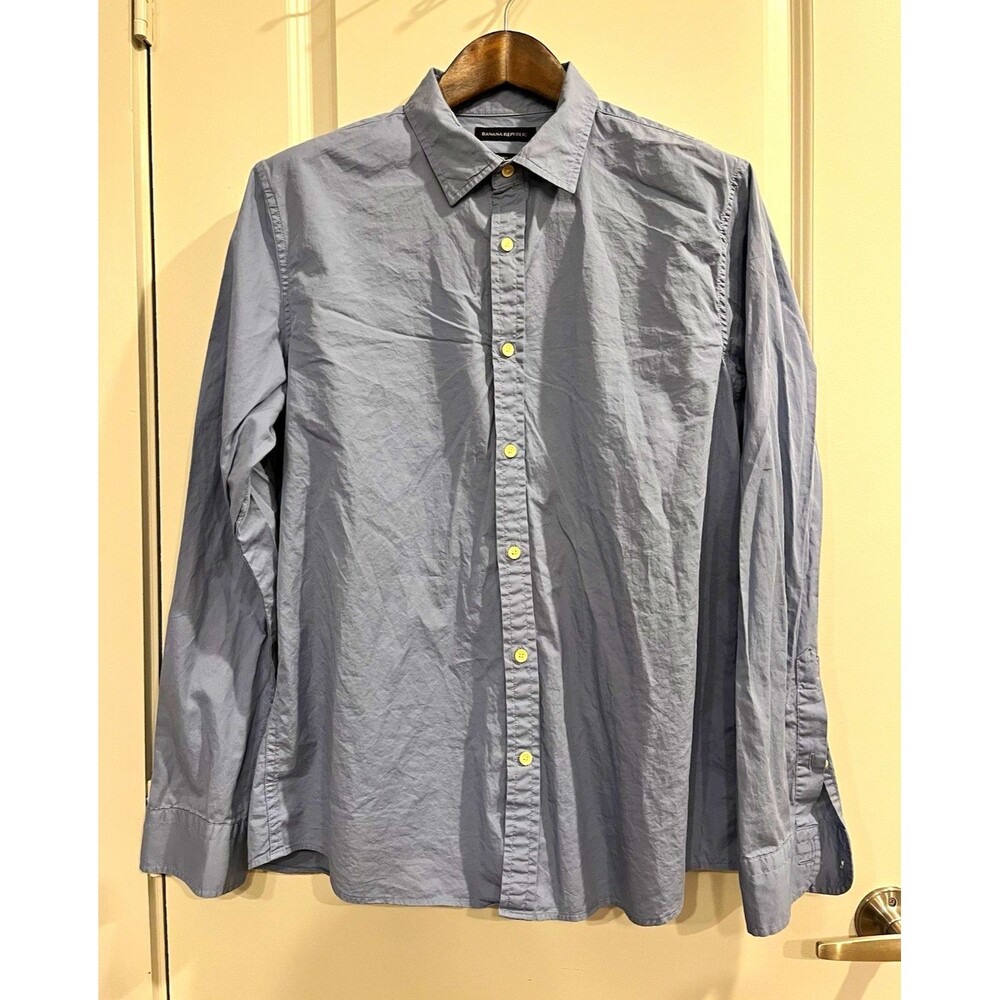 Banana Republic Untucked Slim Fit Blue Solid Long Sleeve Button-Up Shirt L 0093